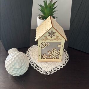 Festive Wooden Snowflake Lantern and ceramic snow bird